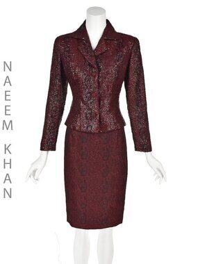 NAEEM KHAN Burgundy & Black Reptile Jacquard Beaded Jacket & Skirt Suit, SZ 2/4